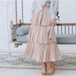 Elegant Satin Like Beige Tiered Pleated Skirt